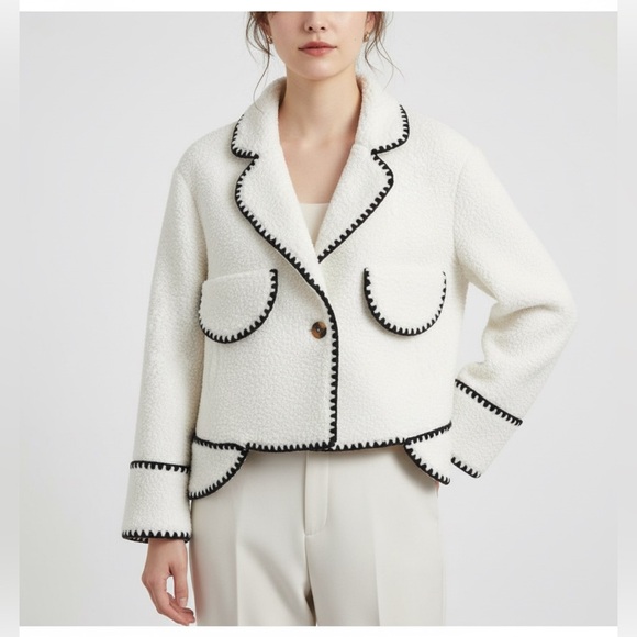 Commense Jackets & Blazers - Commense Embroidered Trim Fleece Kimono Jacket